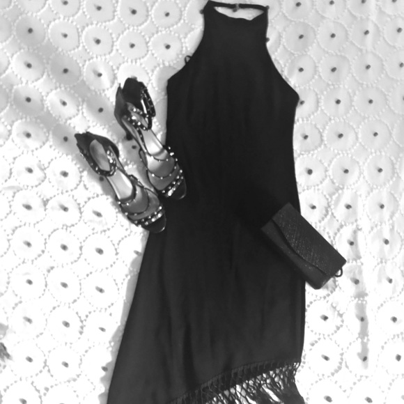 bebe Dresses & Skirts - bebe black fringe halter dress